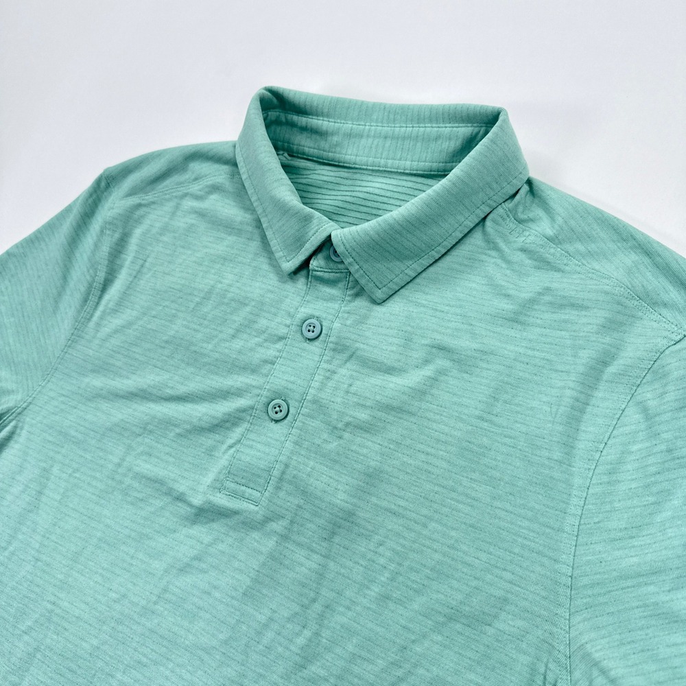 Lululemon Mens Evolution Polo Shirt Small Green Teal Heathered Stripe Golf Tech